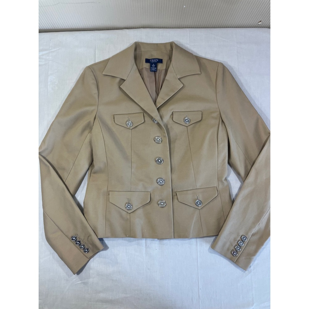 Chaps Womens Tan Beige Cotton Military Blazer Jacket Silver Crest Buttons Size S